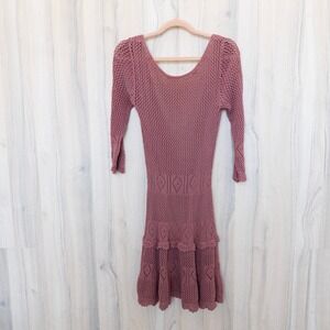 Moda International Womens Crochet Knit Dress Size M Mauve Tiered Cottage Boho